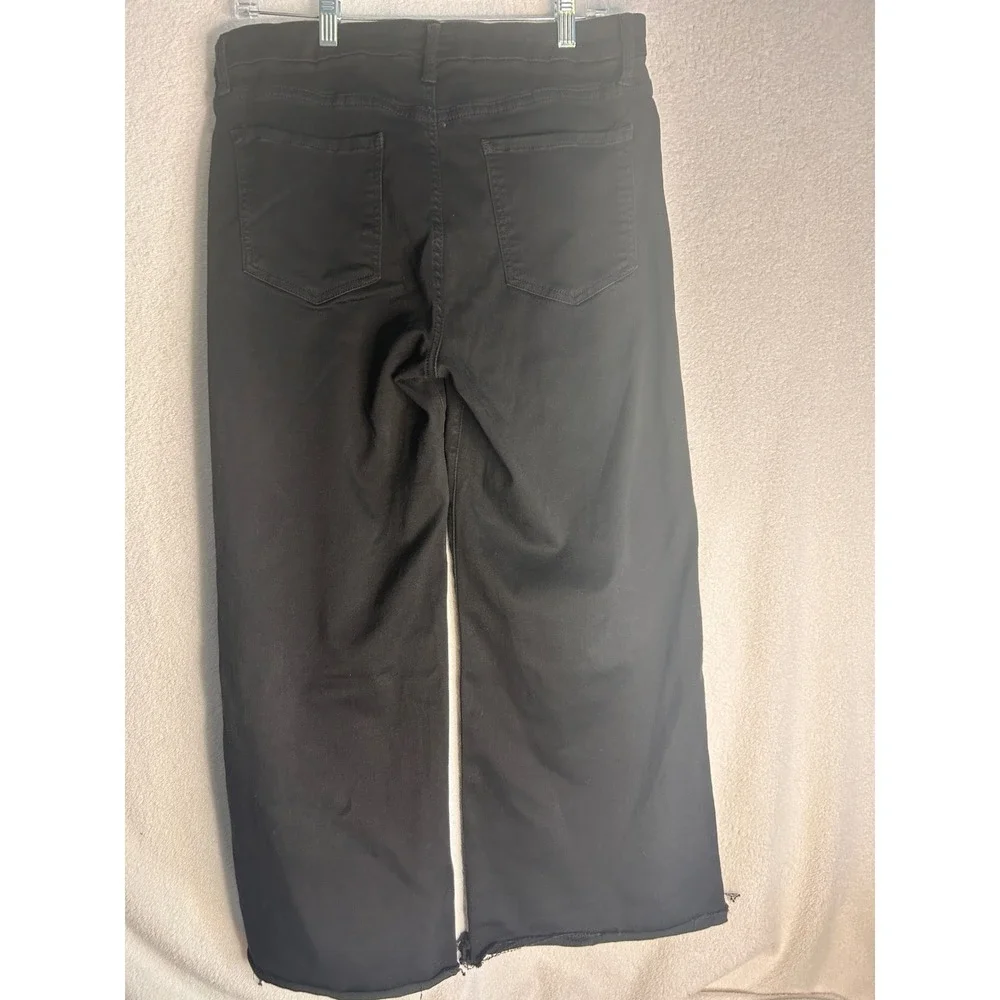 Kut from the Kloth Meg Fab Ab Wide Leg High Rise Black Jeans Raw Hem Size 12 - Picture 7 of 10